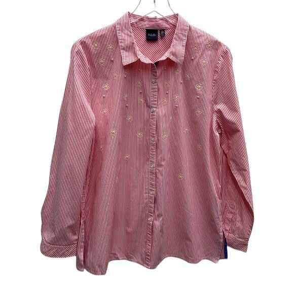 Rafaella Stripe Blouse Shirt Embroidered Daisies & Bead Embellished SZ XL - Picture 1 of 11